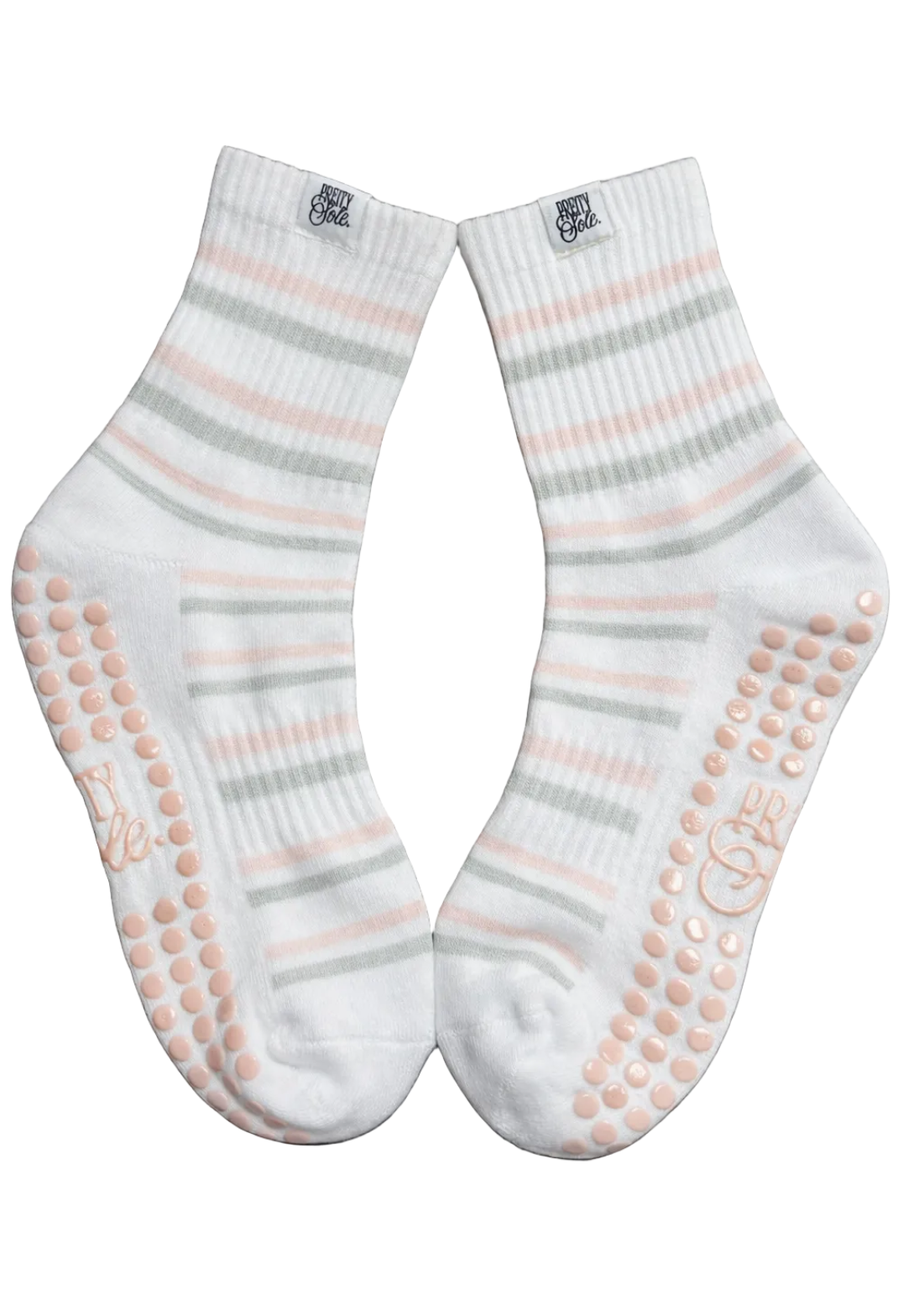 Pair of white grip socks with gray and pink stripes 